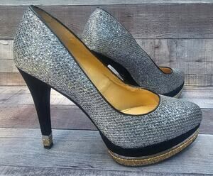GIANNI BINI Stiletto Pumps Heels Silver Sequin Glitter Sparkle Shoes Women's 8M